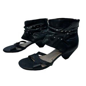 Nicole Asylum Ankle Cuff Black Leather Open Toe Heels Size 7M Studded Zip